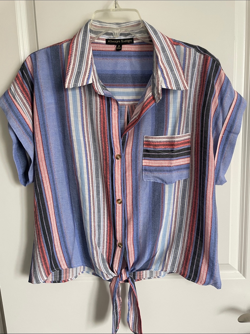 Always Indigo Striped Tie-Front Button-Down Shirt — Blue & Pink